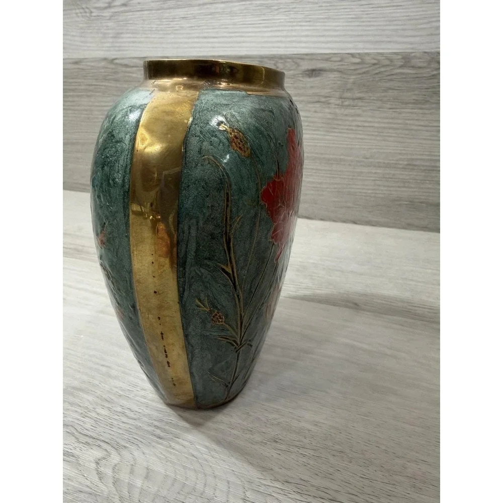 Solid Brass Polychrome Painted Lotus Vase Teal Gold Floral MCM 6